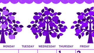 2026年10月縦型日曜始まり リンゴの木イラストのかわいいA4無料パープルのカレンダー(2026-01011010)