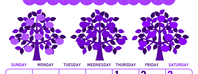 2026年10月縦型日曜始まり リンゴの木イラストのかわいいA4無料パープルのカレンダー(2026-01011010)