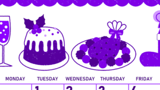 2026年12月縦型日曜始まり 御馳走イラストのかわいいA4無料パープルのカレンダー(2026-01011210)