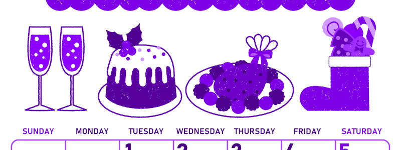 2026年12月縦型日曜始まり 御馳走イラストのかわいいA4無料パープルのカレンダー(2026-01011210)