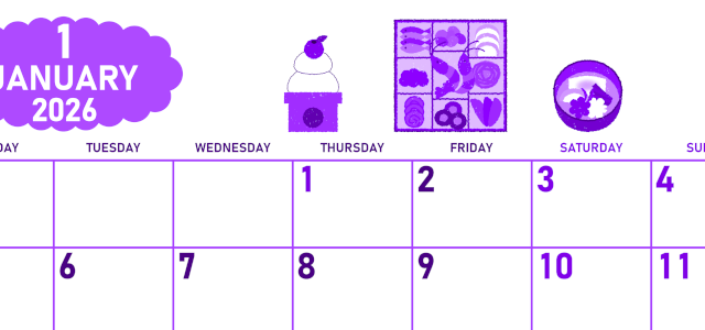 2026年1月横型月曜始まり ポップなお節イラストのかわいいA4無料パープルのカレンダー(2026-01010101)