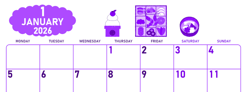2026年1月横型月曜始まり ポップなお節イラストのかわいいA4無料パープルのカレンダー(2026-01010101)