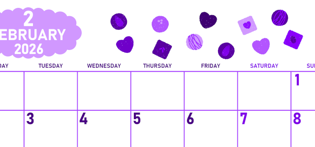 2026年2月横型月曜始まり チョコのイラストがかわいいA4無料パープルのカレンダー(2026-01010201)