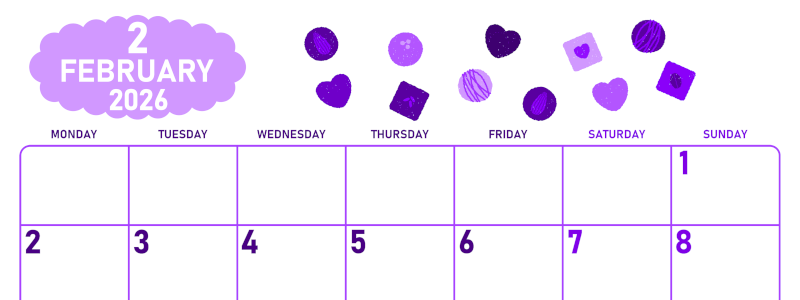 2026年2月横型月曜始まり チョコのイラストがかわいいA4無料パープルのカレンダー(2026-01010201)