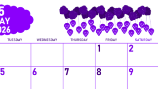 2026年5月横型月曜始まり いちごイラストのかわいいA4無料パープルのカレンダー(2026-01010501)