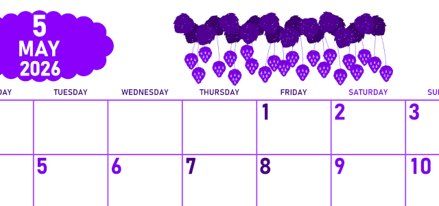 2026年5月横型月曜始まり いちごイラストのかわいいA4無料パープルのカレンダー(2026-01010501)