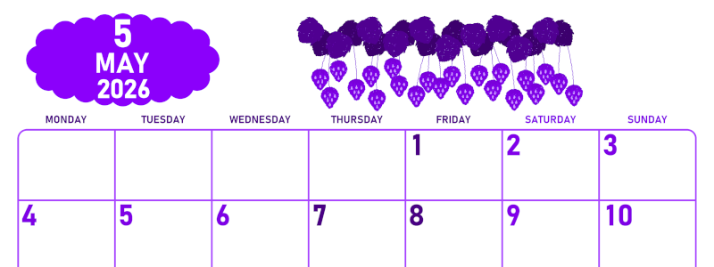 2026年5月横型月曜始まり いちごイラストのかわいいA4無料パープルのカレンダー(2026-01010501)