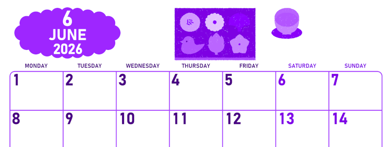 2026年6月横型月曜始まり 和菓子イラストのかわいいA4無料パープルのカレンダー(2026-01010601)