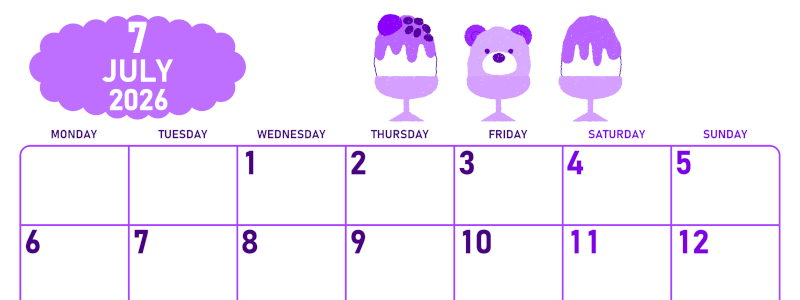 2026年7月横型月曜始まり かき氷イラストのかわいいA4無料パープルのカレンダー(2026-01010701)