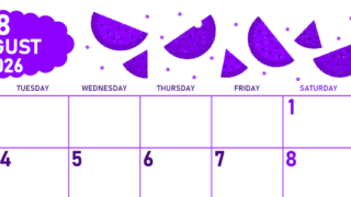 2026年8月横型月曜始まり 季節の果物イラストのかわいいA4無料パープルのカレンダー(2026-01010801)