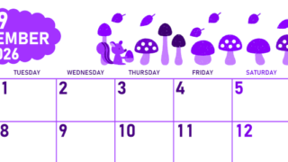 2026年9月横型月曜始まり 秋の季節イラストがかわいいA4無料パープルのカレンダー(2026-01010901)