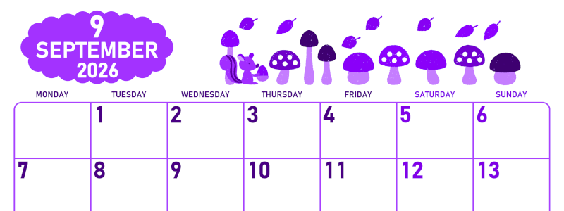 2026年9月横型月曜始まり 秋の季節イラストがかわいいA4無料パープルのカレンダー(2026-01010901)