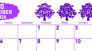2026年10月横型月曜始まり リンゴの木イラストのかわいいA4無料パープルのカレンダー(2026-01011001)