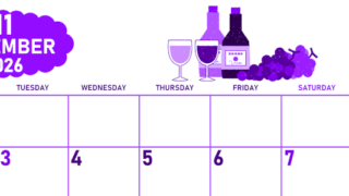 2026年11月横型月曜始まり ぶどうイラストのかわいいA4無料パープルのカレンダー(2026-01011101)