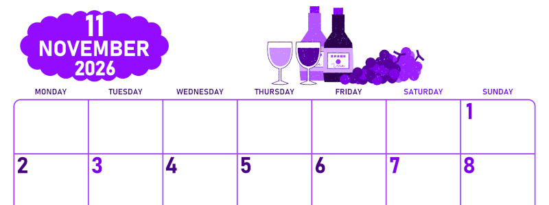 2026年11月横型月曜始まり ぶどうイラストのかわいいA4無料パープルのカレンダー(2026-01011101)