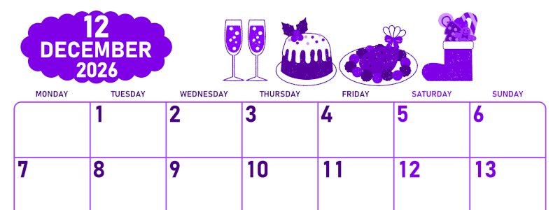 2026年12月横型月曜始まり 御馳走イラストのかわいいA4無料パープルのカレンダー(2026-01011201)