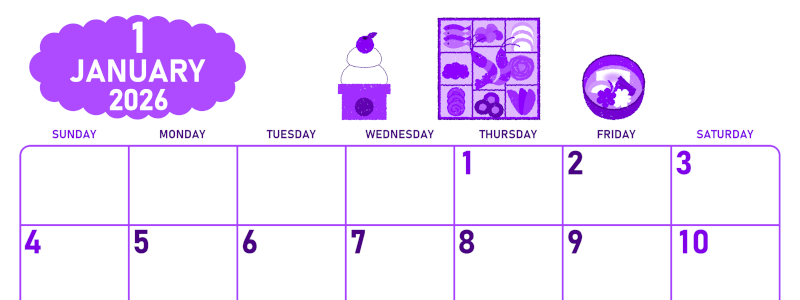 2026年1月横型日曜始まり お節イラストのかわいいA4無料パープルのカレンダー(2026-01010100)