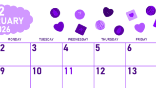 2026年2月横型日曜始まり チョコのイラストがかわいいA4無料パープルのカレンダー(2026-01010200)