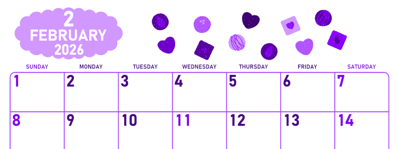 2026年2月横型日曜始まり チョコのイラストがかわいいA4無料パープルのカレンダー(2026-01010200)