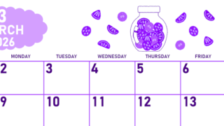 2026年3月横型日曜始まり 果物イラストのかわいいA4無料パープルのカレンダー(2026-01010300)