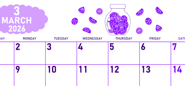2026年3月横型日曜始まり 果物イラストのかわいいA4無料パープルのカレンダー(2026-01010300)