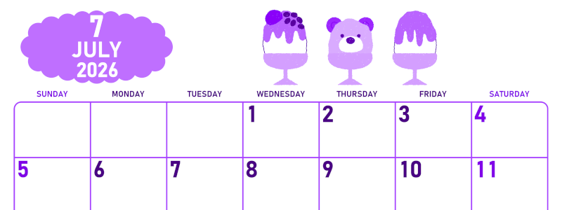 2026年7月横型日曜始まり かき氷イラストのかわいいA4無料パープルのカレンダー(2026-01010700)