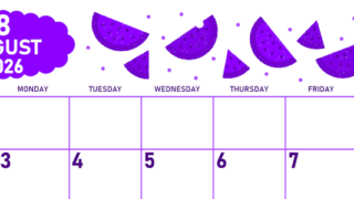 2026年8月横型日曜始まり 季節の果物イラストのかわいいA4無料パープルのカレンダー(2026-01010800)