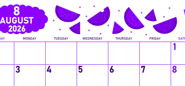 2026年8月横型日曜始まり 季節の果物イラストのかわいいA4無料パープルのカレンダー(2026-01010800)