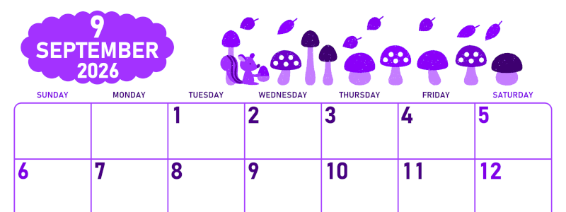 2026年9月横型日曜始まり 秋の季節イラストがかわいいA4無料パープルのカレンダー(2026-01010900)