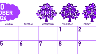 2026年10月横型日曜始まり リンゴの木イラストのかわいいA4無料パープルのカレンダー(2026-01011000)