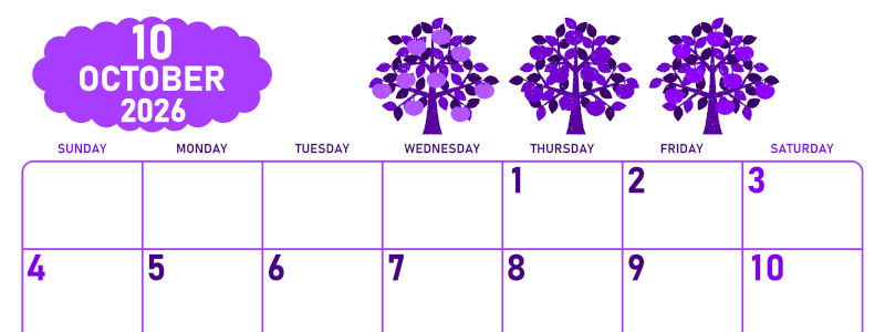 2026年10月横型日曜始まり リンゴの木イラストのかわいいA4無料パープルのカレンダー(2026-01011000)