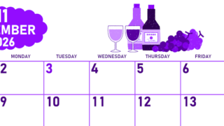 2026年11月横型日曜始まり ぶどうイラストのかわいいA4無料パープルのカレンダー(2026-01011100)