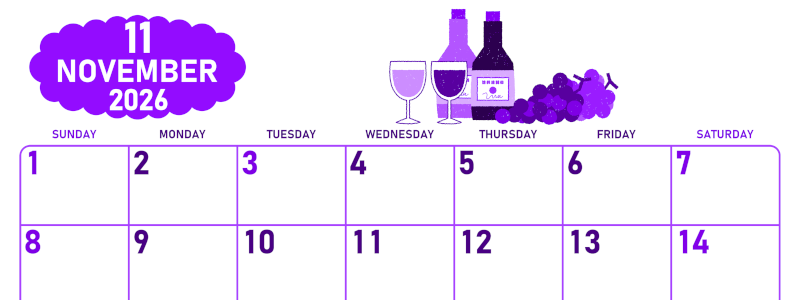 2026年11月横型日曜始まり ぶどうイラストのかわいいA4無料パープルのカレンダー(2026-01011100)