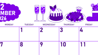 2026年12月横型日曜始まり 御馳走イラストのかわいいA4無料パープルのカレンダー(2026-01011200)