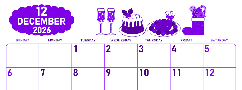 2026年12月横型日曜始まり 御馳走イラストのかわいいA4無料パープルのカレンダー(2026-01011200)