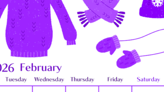 2026年2月縦型月曜始まり イラストのおしゃれA4無料パープルのカレンダー(2026-01020211)