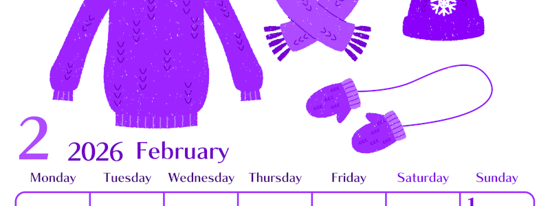 2026年2月縦型月曜始まり イラストのおしゃれA4無料パープルのカレンダー(2026-01020211)