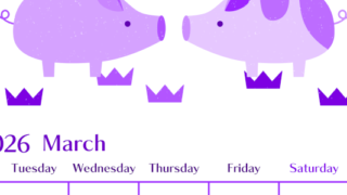 2026年3月縦型月曜始まり 子豚イラストのおしゃれA4無料パープルのカレンダー(2026-01020311)