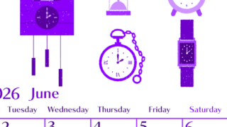 2026年6月縦型月曜始まり 時計イラストのおしゃれA4無料パープルのカレンダー(2026-01020611)