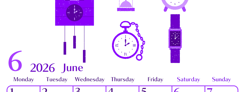 2026年6月縦型月曜始まり 時計イラストのおしゃれA4無料パープルのカレンダー(2026-01020611)