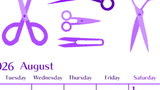 2026年8月縦型月曜始まり ハサミイラストのおしゃれA4無料パープルのカレンダー(2026-01020811)