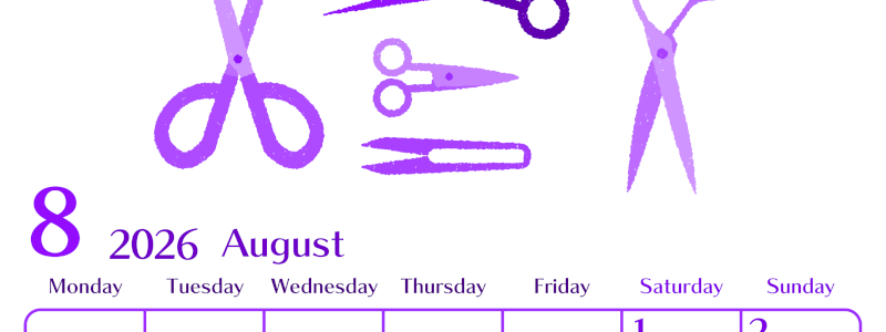 2026年8月縦型月曜始まり ハサミイラストのおしゃれA4無料パープルのカレンダー(2026-01020811)