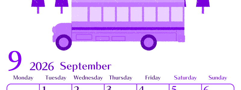 2026年9月縦型月曜始まり バスイラストのおしゃれA4無料パープルのカレンダー(2026-01020911)