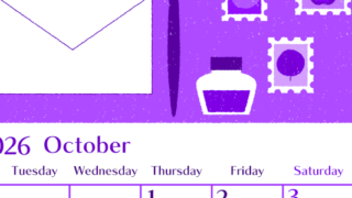 2026年10月縦型月曜始まり 手紙イラストのおしゃれA4無料パープルのカレンダー(2026-01021011)