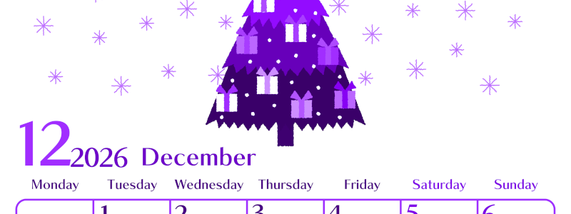 2026年12月縦型月曜始まり クリスマスツリーイラストのおしゃれA4無料パープルのカレンダー(2026-01021211)