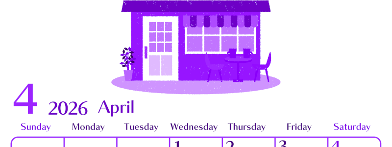 2026年4月縦型日曜始まり 新生活イラストのおしゃれA4無料パープルのカレンダー(2026-01020410)