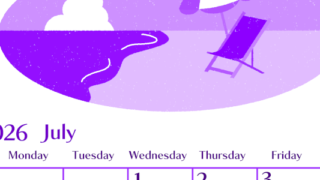 2026年7月縦型日曜始まり  バカンスイラストのおしゃれA4無料パープルのカレンダー(2026-01020710)