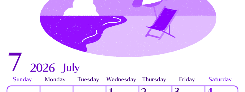 2026年7月縦型日曜始まり  バカンスイラストのおしゃれA4無料パープルのカレンダー(2026-01020710)