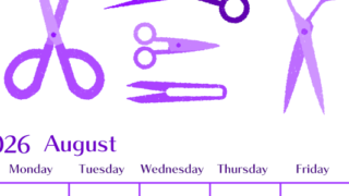 2026年8月縦型日曜始まり ハサミイラストのおしゃれA4無料パープルのカレンダー(2026-01020810)