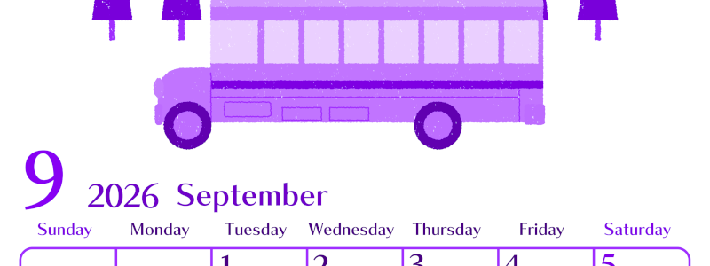 2026年9月縦型日曜始まり バスイラストのおしゃれA4無料パープルのカレンダー(2026-01020910)